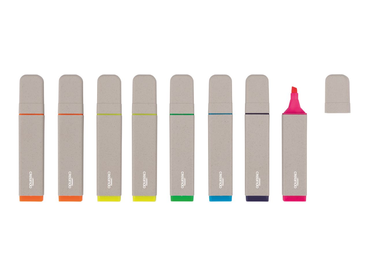 A set of eight highlighters in various colors, with one open to show the pink tip.