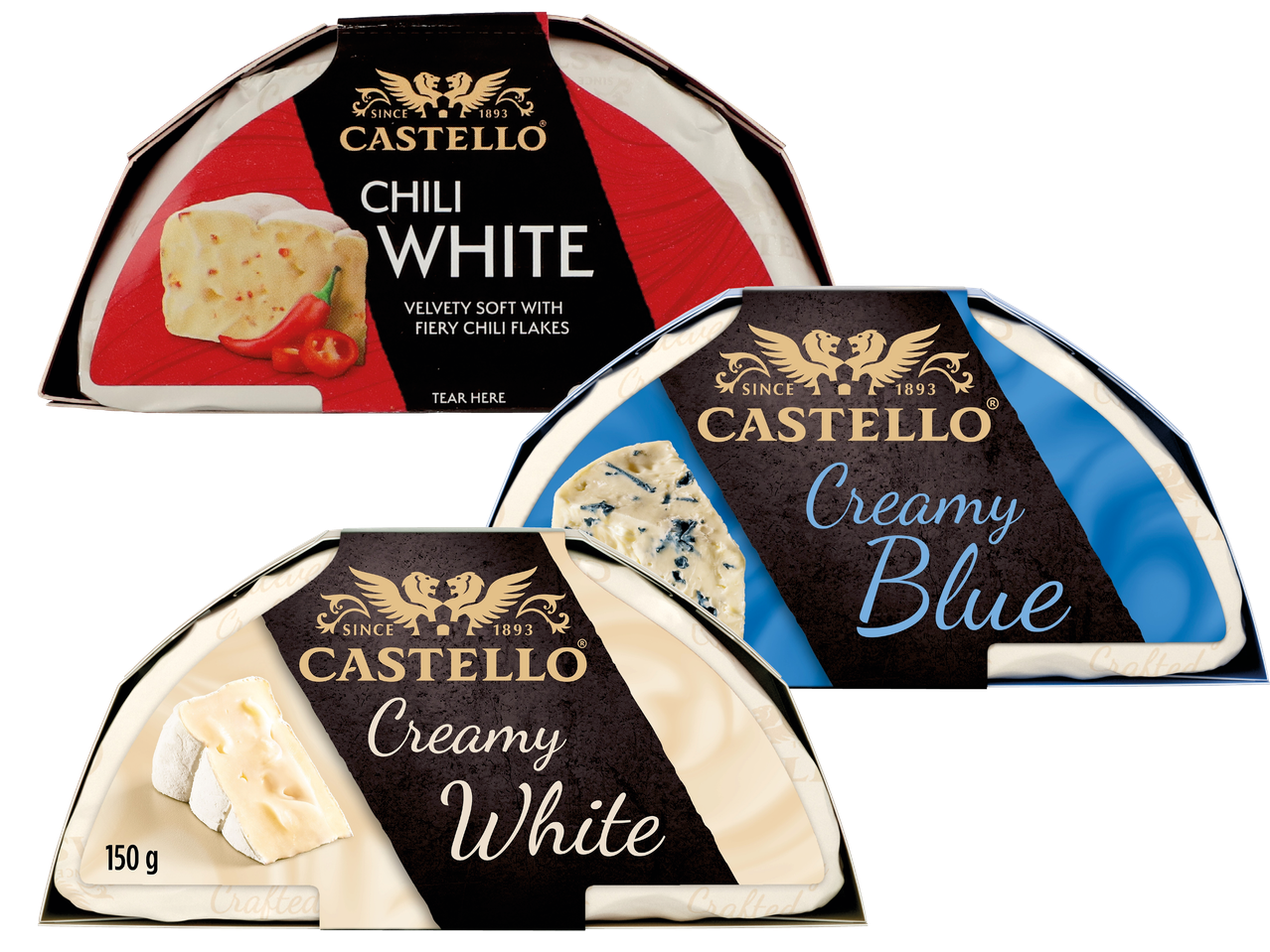 Castello-ostar: Chili White, Creamy White och Creamy Blue.