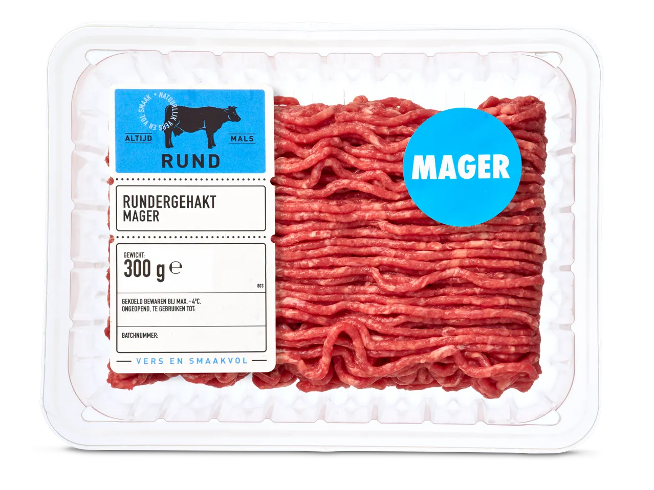 Verpakking mager rundergehakt met een blauw etiket dat 300g gewicht aangeeft.