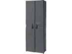 A gray fabric wardrobe with two doors and black handles.