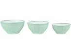 Three light green planters of varying sizes, with a ribbed design.