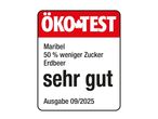 ÖKO-TEST Siegel für Erdbeerprodukt mit 50 % weniger Zucker, bewertet als 'sehr gut', Ausgabe 09/2025.