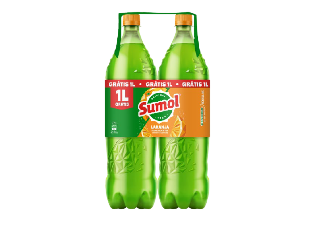 Pack de duas garrafas de refrigerante de laranja de 1 litro, com a indicação 'GRÁTIS 1L'.