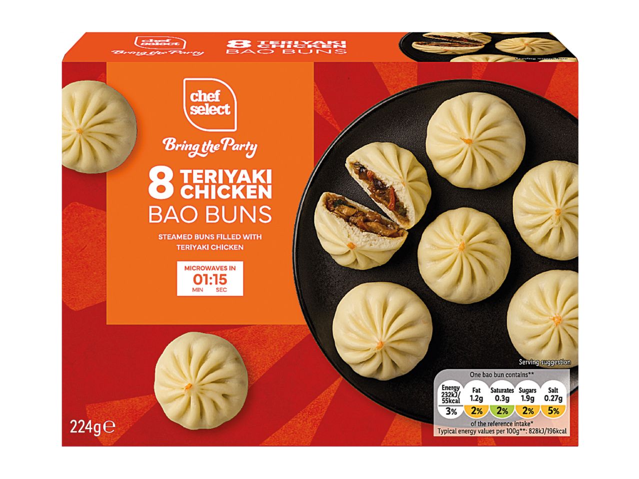 A box of 8 Teriyaki Chicken Bao Buns, showing steamed buns on a black plate.