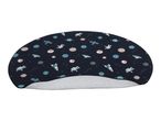 A dark blue space-themed mouse pad with planets, astronauts, and rockets.