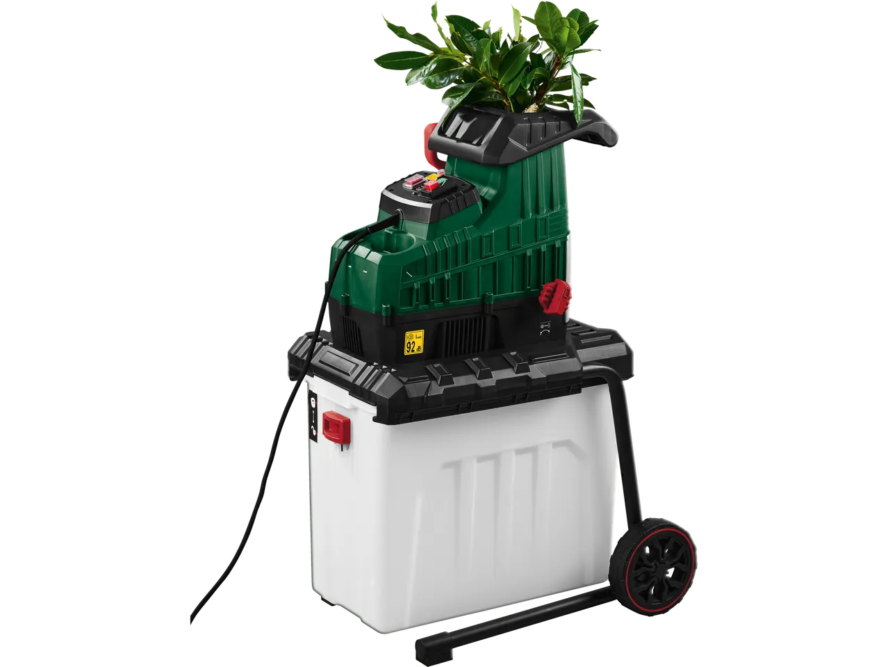 PARKSIDE® Walzenhäcksler kerti aprító zöld levelekkel és fehér tartállyal.