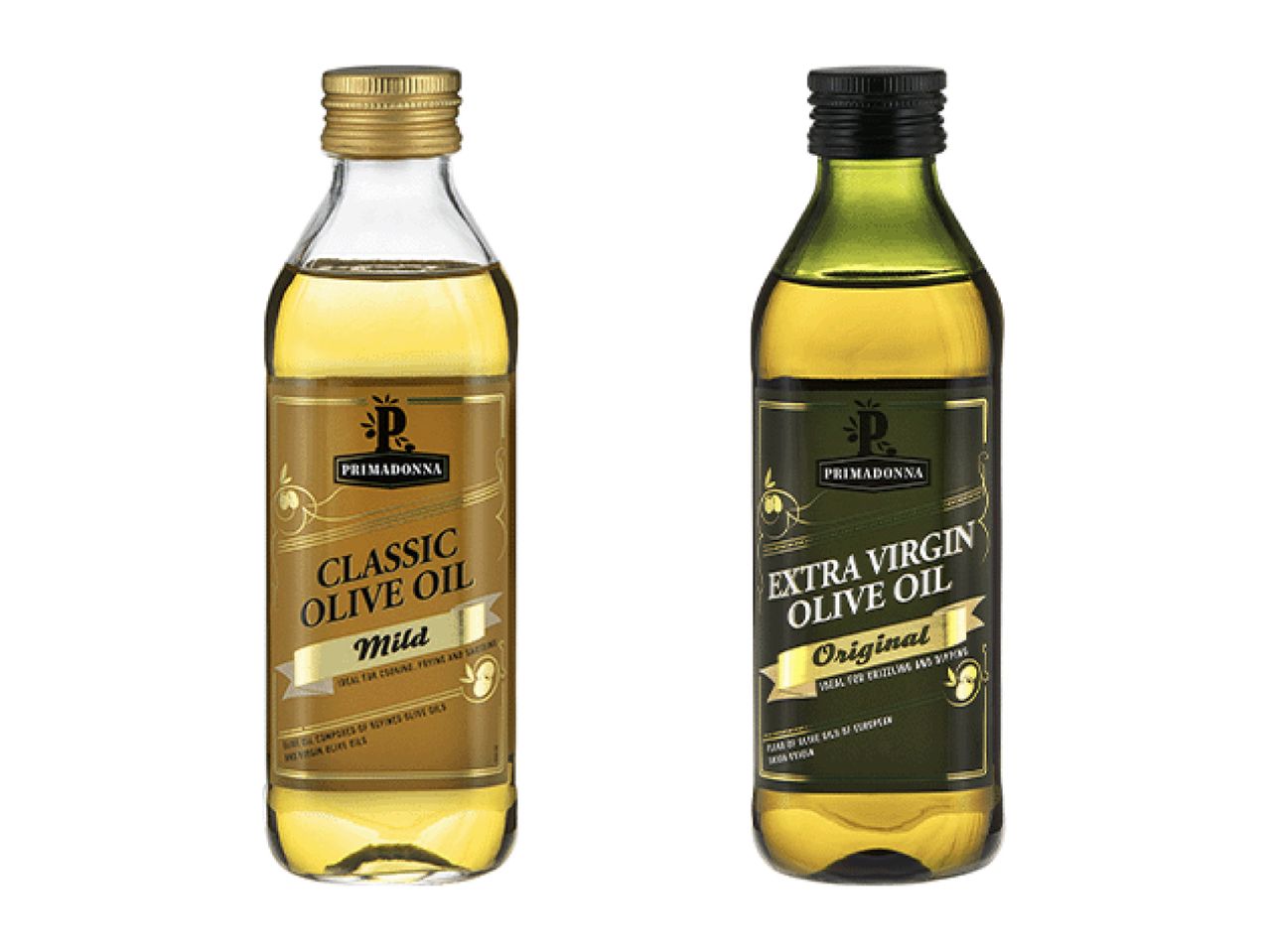 Two bottles of Primadonna olive oil, one classic and one extra virgin.