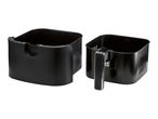 Two black air fryer baskets, one with a handle, on a white background.
