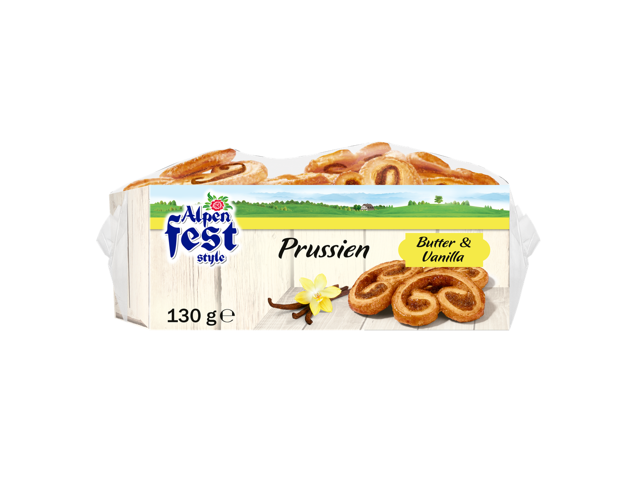 Alpenfest Prussien bladerdeegkoekjes met boter- en vanillesmaak, 130g.