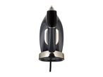 Dark grey and gold steam iron with a black power cord, viewed from the front.