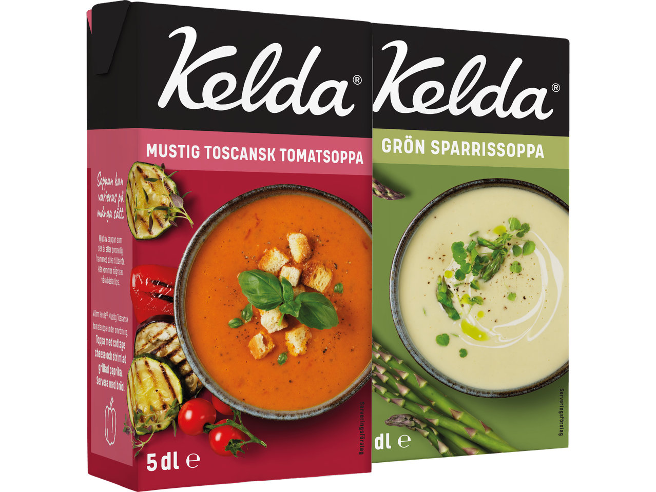 Två Kelda-förpackningar med tomatsoppa och sparrissoppa.