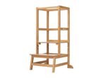 Wooden learning tower with adjustable height, featuring a natural wood finish.