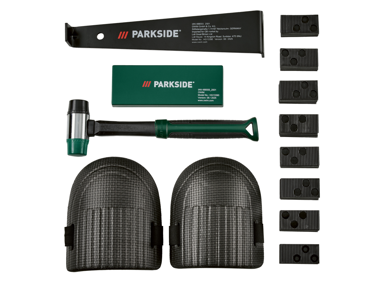 Parkside® Laminat-Verlegewerkzeug-Set mit Hammer, Knieschonern und Abstandshaltern.