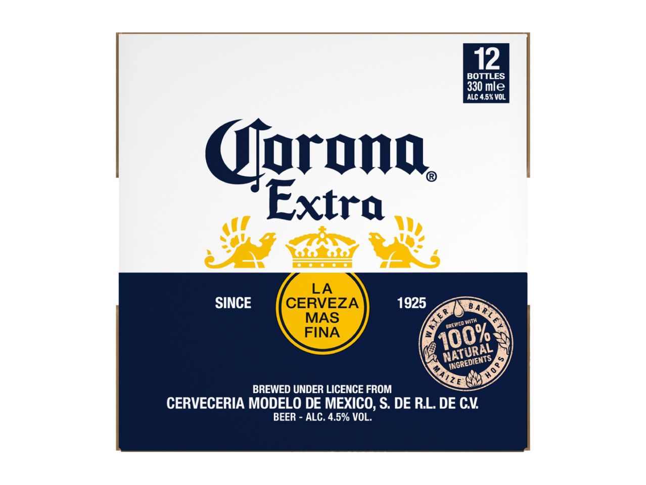Corona Extra 12-pack beer with 330ml bottles and 4.5% alcohol by volume.