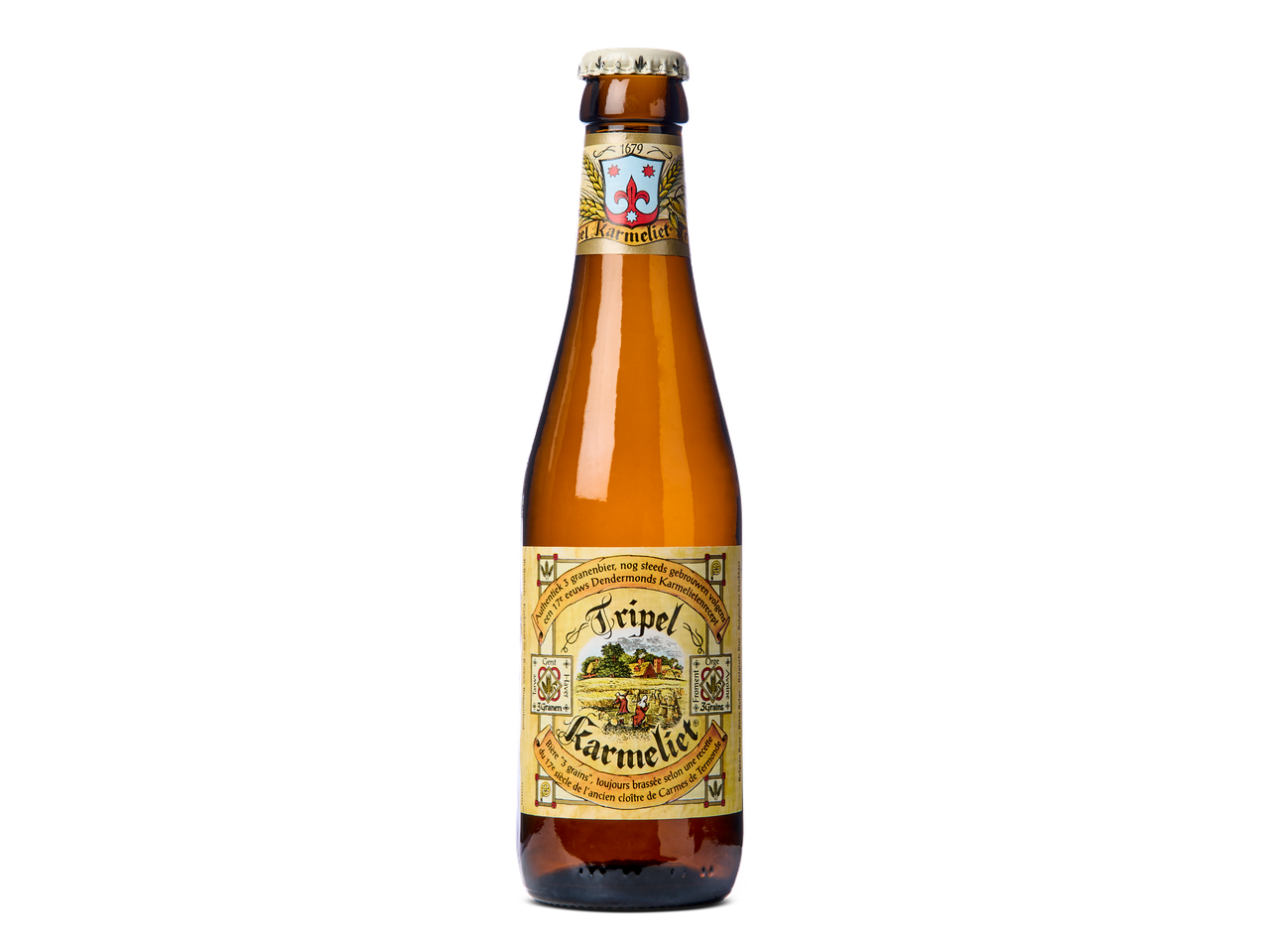 Een fles Belgisch tripel bier met een klassiek etiket tegen een zwarte achtergrond.