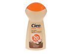 Loțiune solară Cien Sun SPF 20, efect satinat, aromă de cocos.