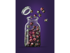 Glass jar of red and green eyeball candies, with the lid open and eyeballs floating