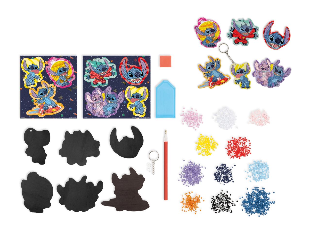 Lilo & Stitch keychains craft kit: stickers, blanks, and rhinestones.