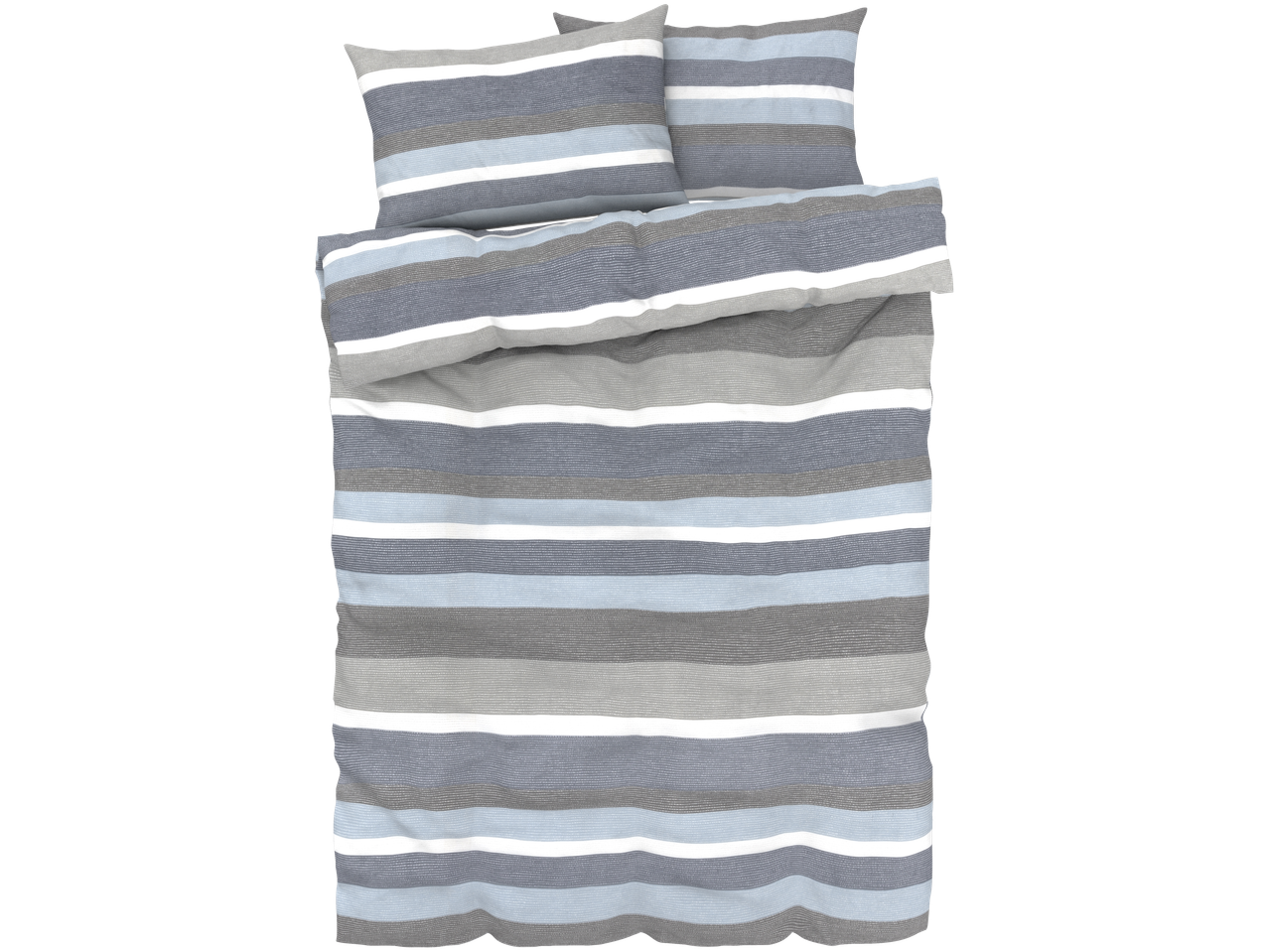 Svītrainu gultas veļu komplekts pelēkā un zilā krāsā.