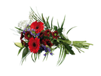 Buchet de flori roșii și albe legat cu ață.