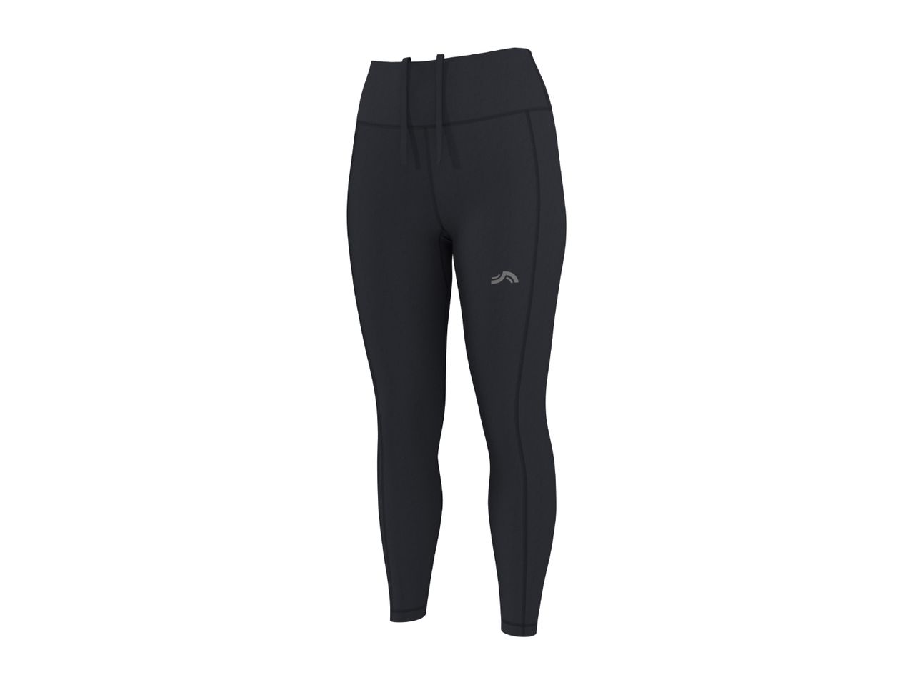 Black women's sports leggings with a high waist and drawstring, featuring a subtle logo on the left thigh.