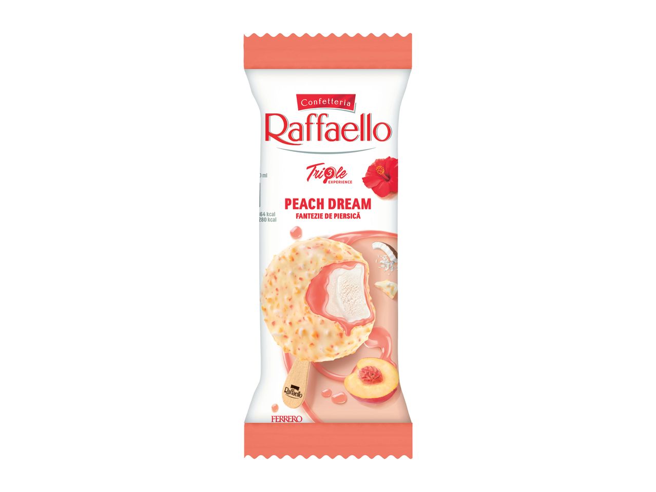 Înghețată Raffaello Peach Dream pe băț, cu aromă de piersică.