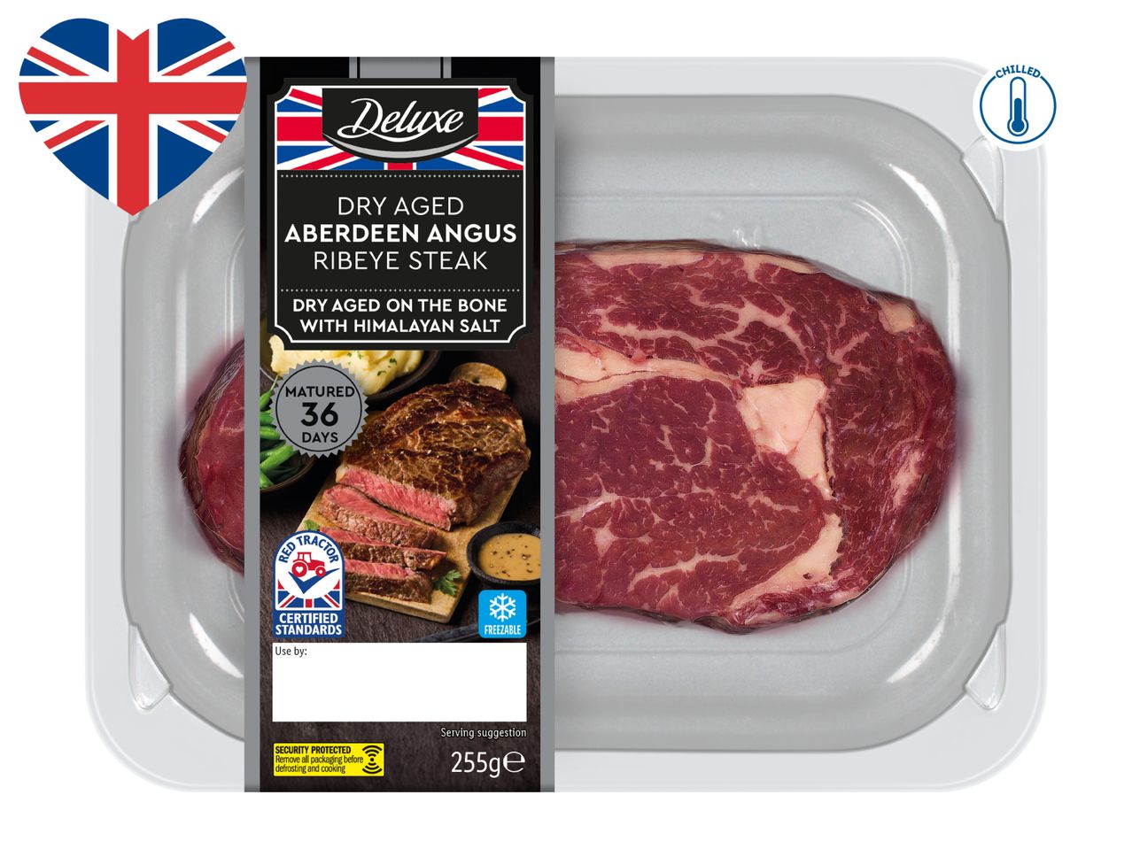 Packaged dry-aged Aberdeen Angus ribeye steak with Himalayan salt, matured for 36 days.