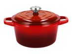 Red cast iron Dutch oven with a silver knob on the lid.