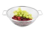 Stainless steel colander with green and red grapes.