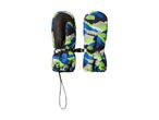 Pair of kids' camouflage print mittens in blue, green, and black