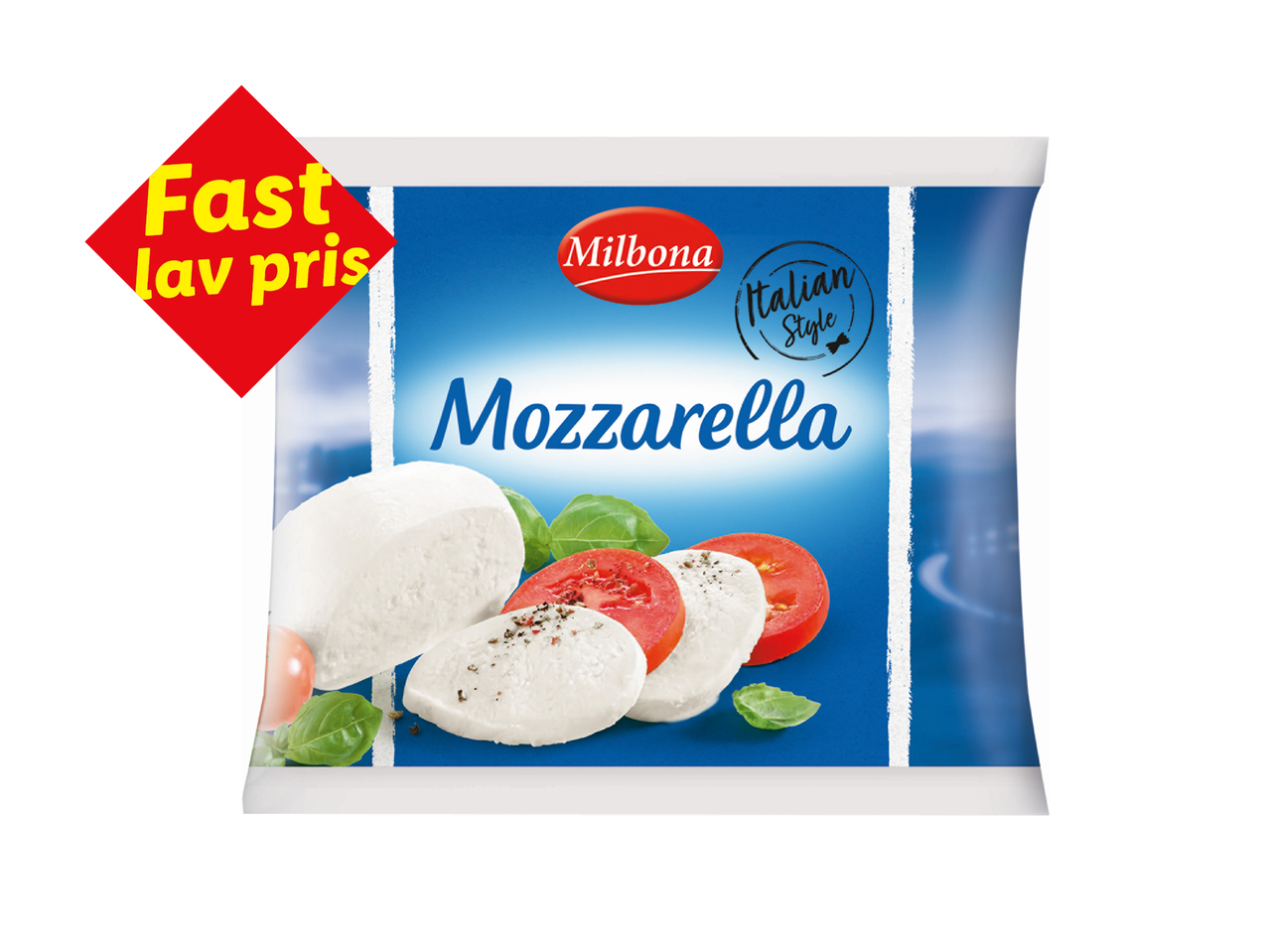 Mozzarella i italiensk stil med tomater og basilikum, mærket 'Fast lav pris'.