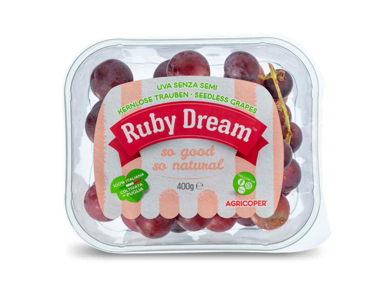 Ruby Dream pitloze druiven in een doorzichtige plastic verpakking met etiket