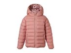 Pink children's puffer jacket with a floral print lining in the hood.