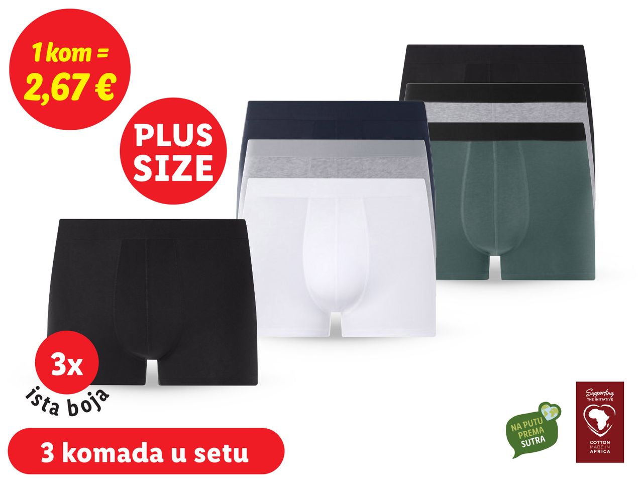 Tri para muških bokserica plus size, crna, bijela i zelena.
