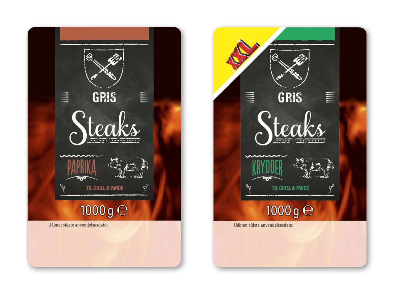 To pakker grisesteaks, en med paprika og en med krydderier, begge 1000g.