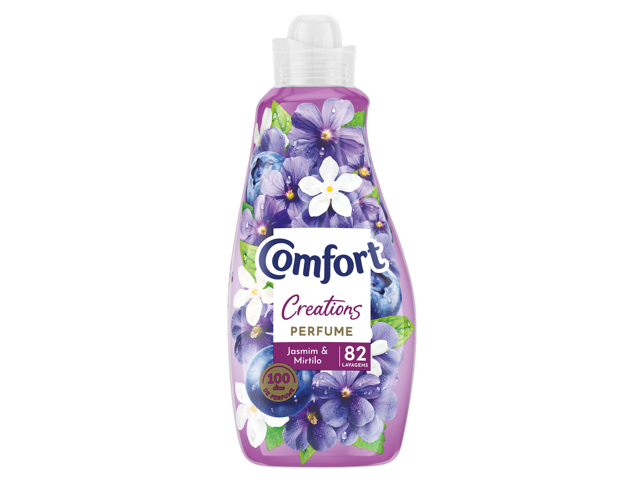 Amaciador de roupa roxo com flores de jasmim e mirtilo, 82 lavagens, 100 dias de perfume.