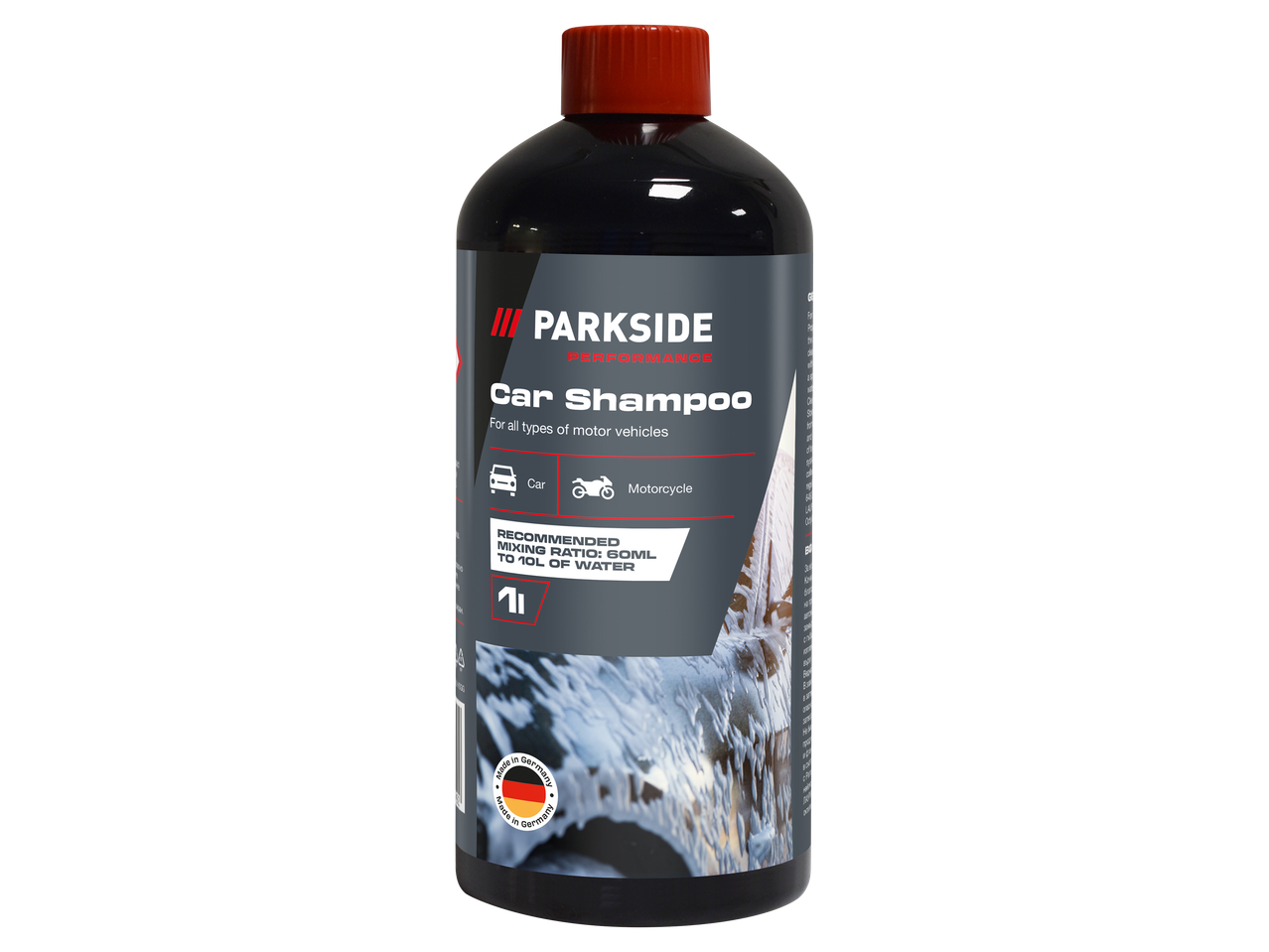 Autósampon flakon, amelyen az olvasható, hogy autókhoz és motorkerékpárokhoz ajánlott, 60 ml 10 liter vízhez keverési aránnyal.