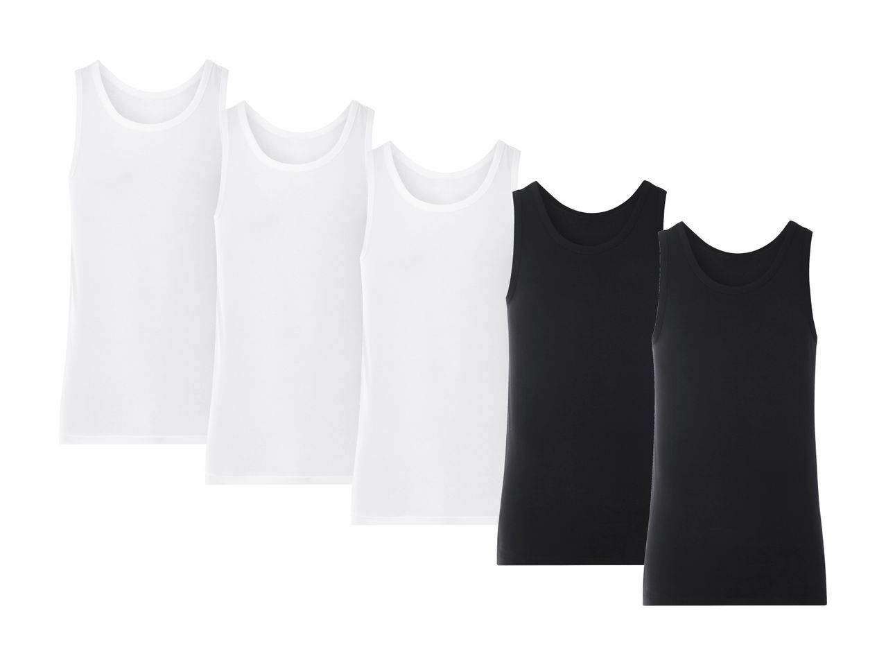 Tre hvide og to sorte tanktops til børn.