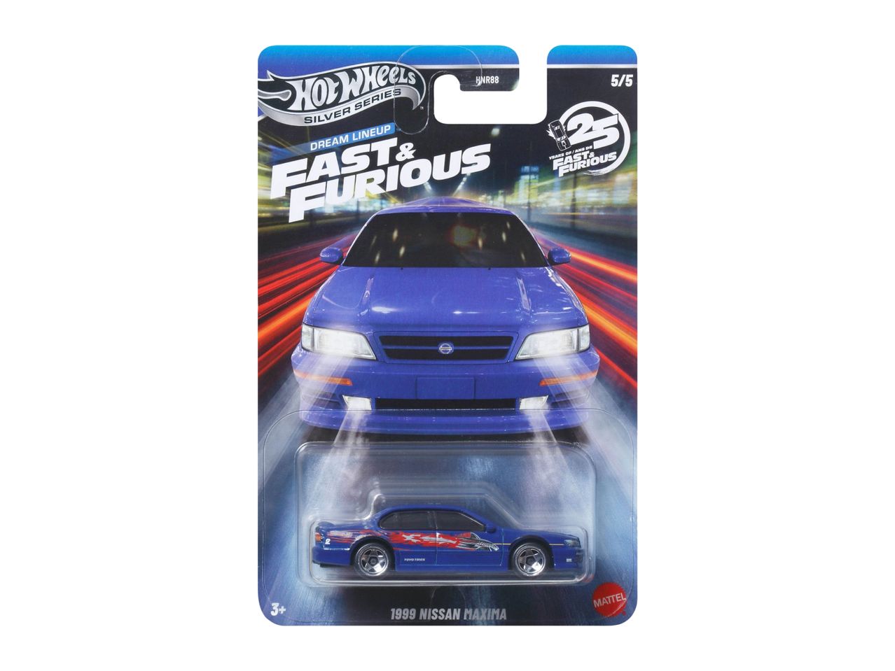 A Hot Wheels Fast & Furious 1999 Nissan Maxima toy car in blue, still in its packaging.