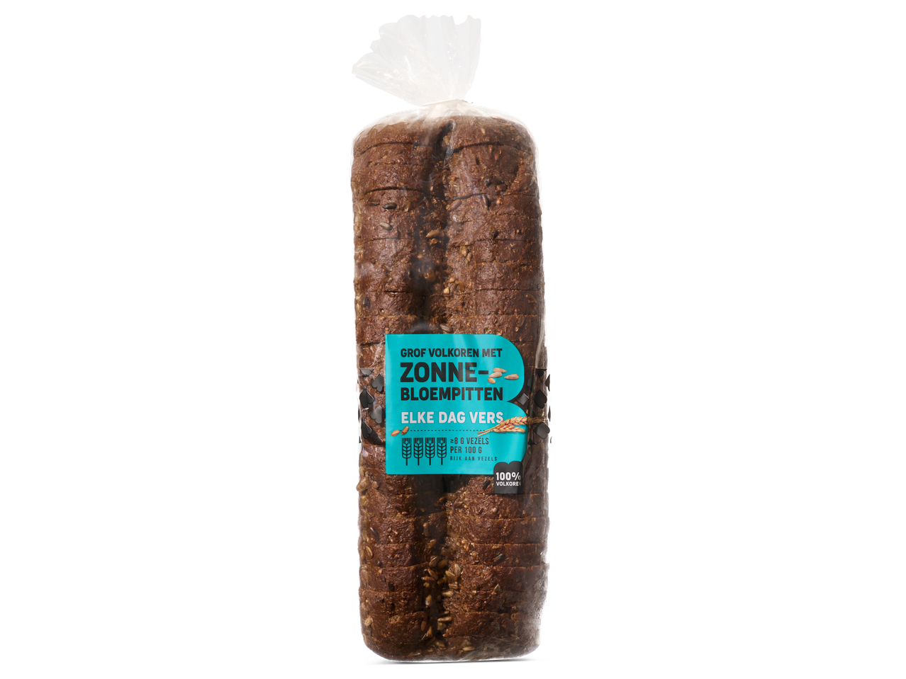 Zonnebloempitten-brood, volkoren, in plastic verpakking.
