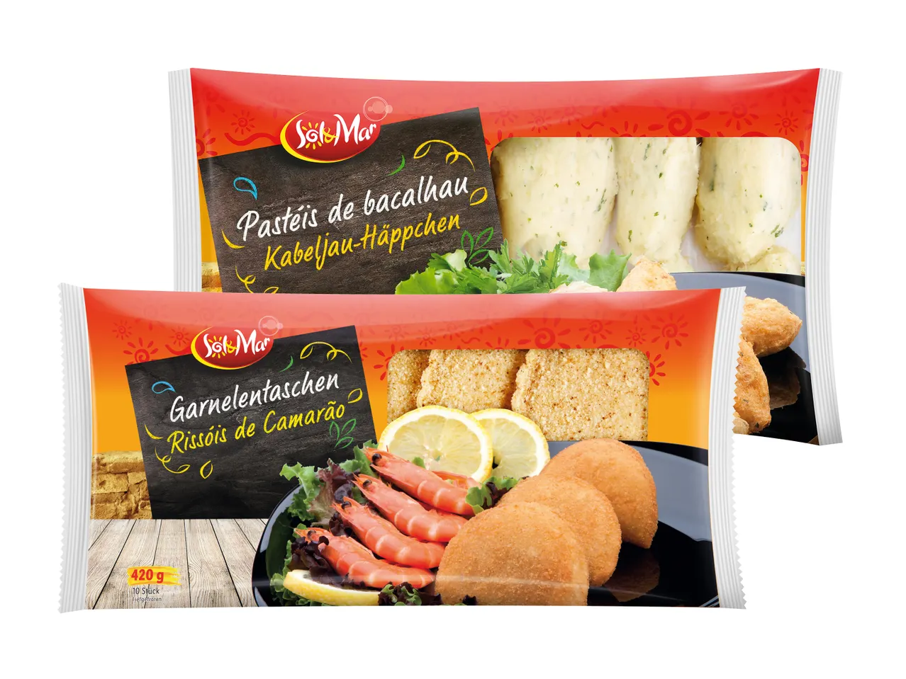 Sol&Mar tiefgekühlte Snacks: Pasteis de Bacalhau und Garnelentaschen.