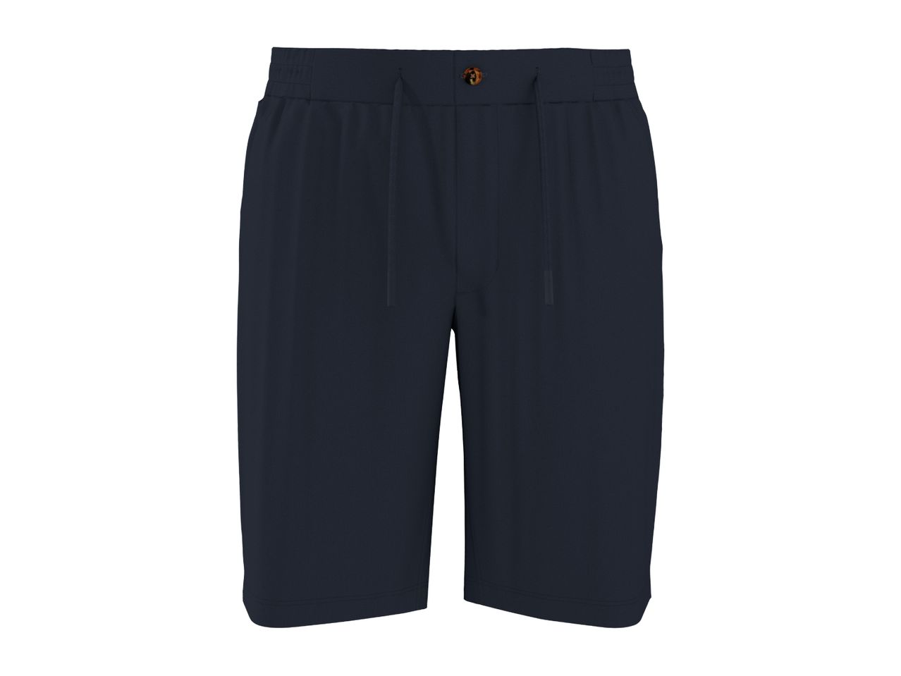 Men's navy blue shorts with an elasticated waist, drawstring, and a single button closure.