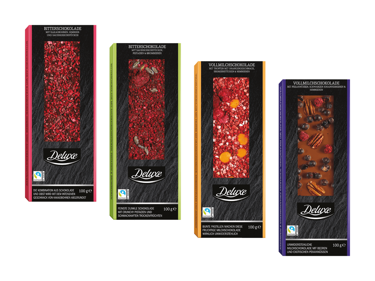 Vier Tafeln Schokolade mit verschiedenen Frucht- und Nussmischungen, darunter Zartbitter- und Vollmilchschokolade.