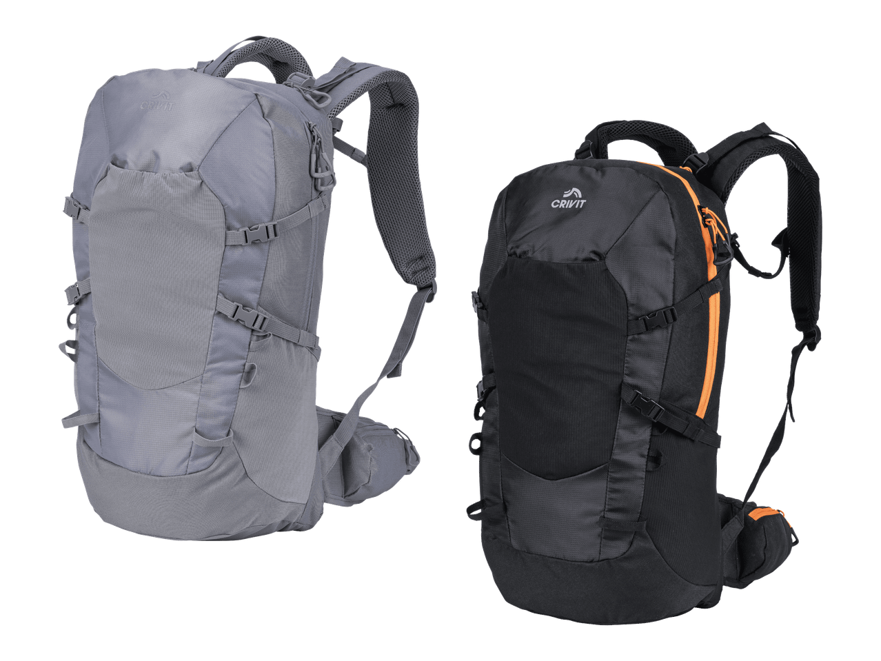 Kaksi reppua: toinen harmaa ja toinen musta oransseilla yksityiskohdilla.