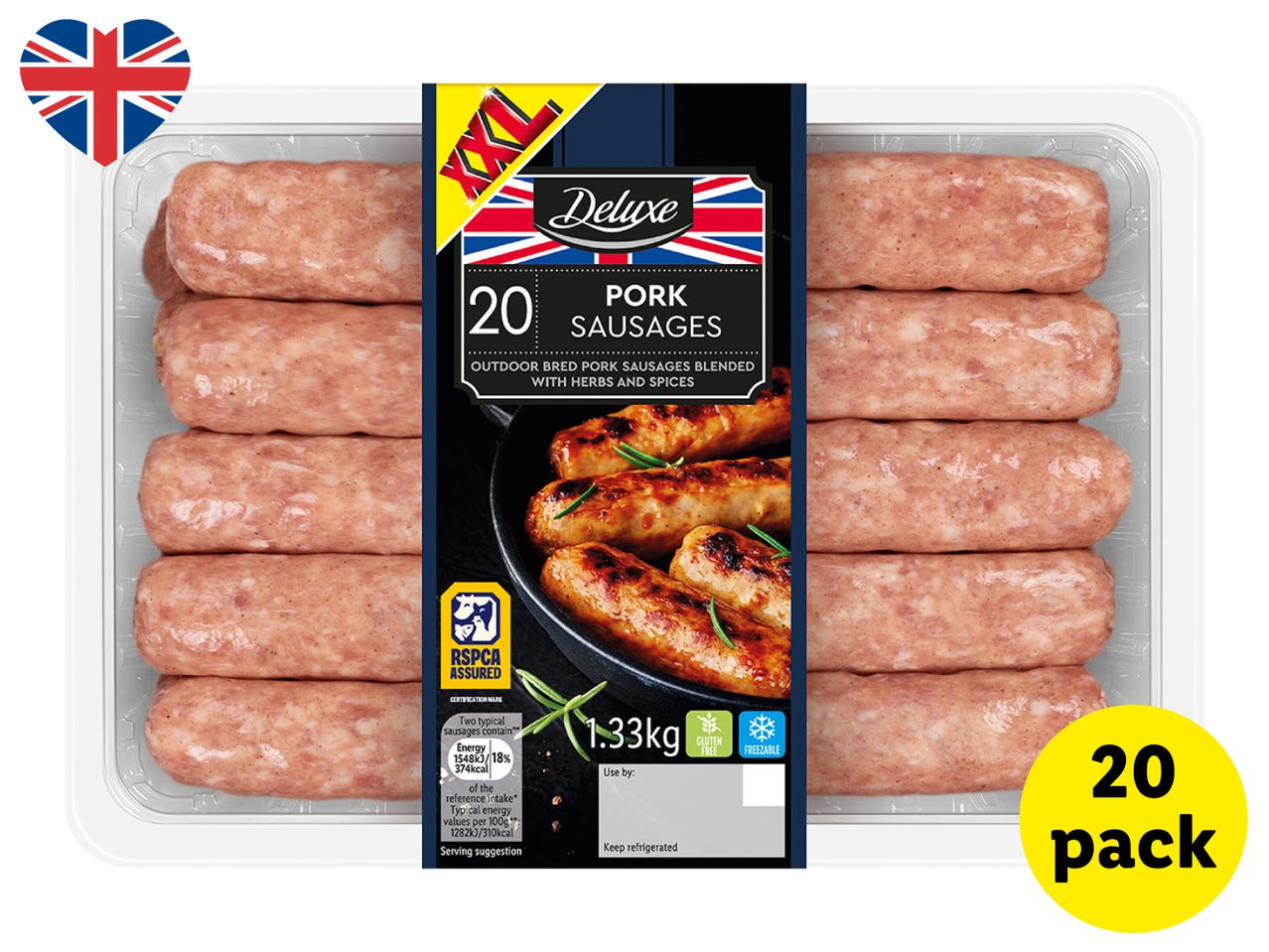 A tray of 20 raw pork sausages, with a label indicating they are outdoor bred and blended with herbs and spices.