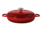 Red cast iron casserole dish with a lid and silver knob.