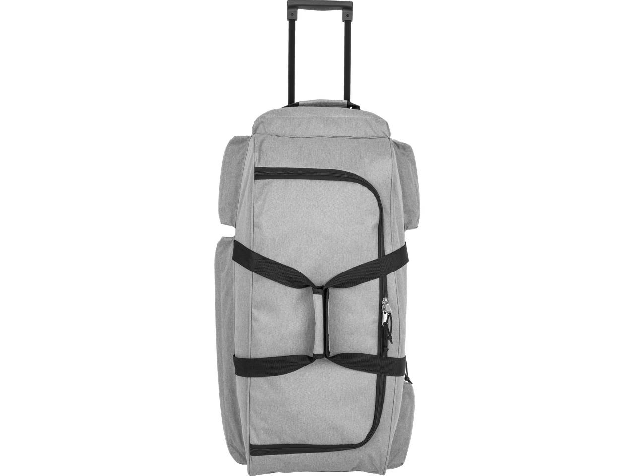 Topmove Wheeled Holdall in light grey with black straps and zippers.