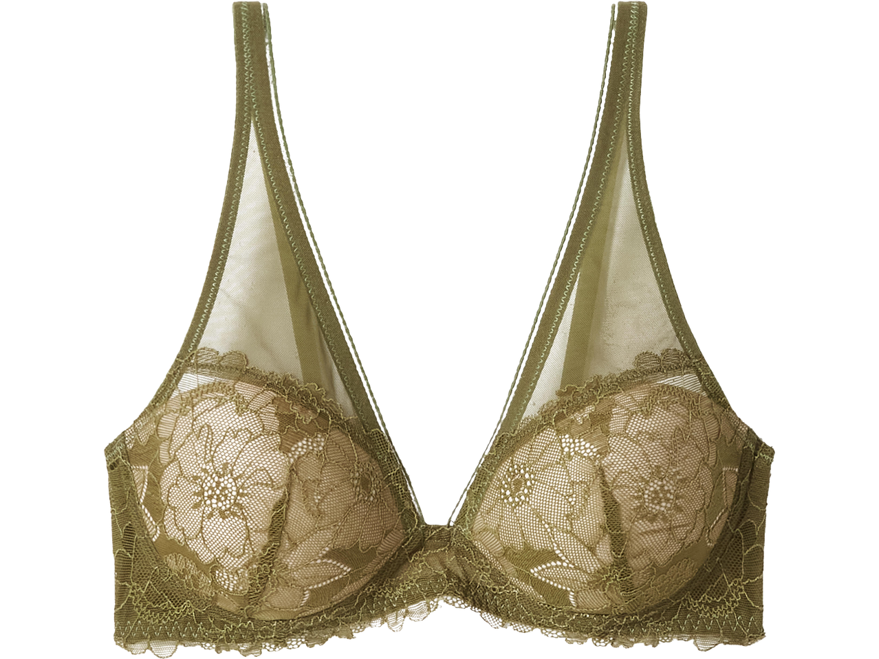 Khaki színű, csipkés melltartó átlátszó felsőrésszel.