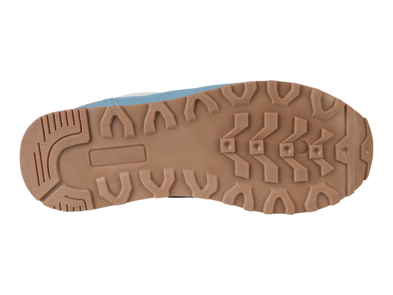 The bottom of a light blue and brown sneaker.