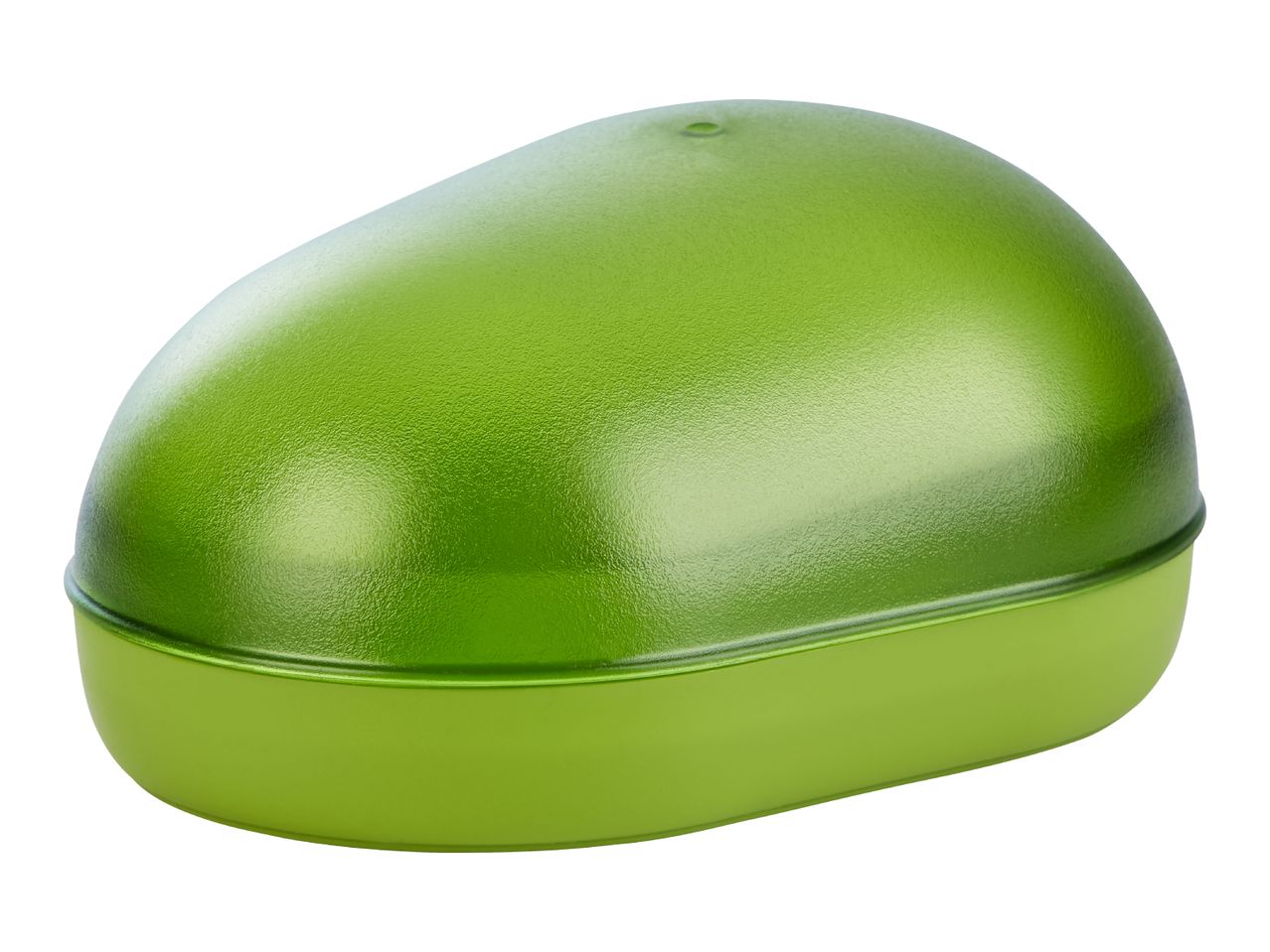 A green plastic avocado-shaped container.